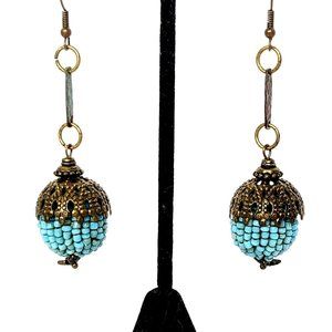 3" BEADED ORB EARRINGS Aqua Blue Gold GLASS BRASS Dangle Drop PLUM TREE DESIGNS